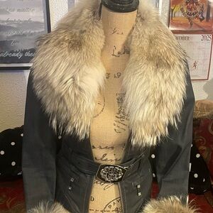 Authentic Rock & Republic Black Denim Jacket with Real Fox Fur